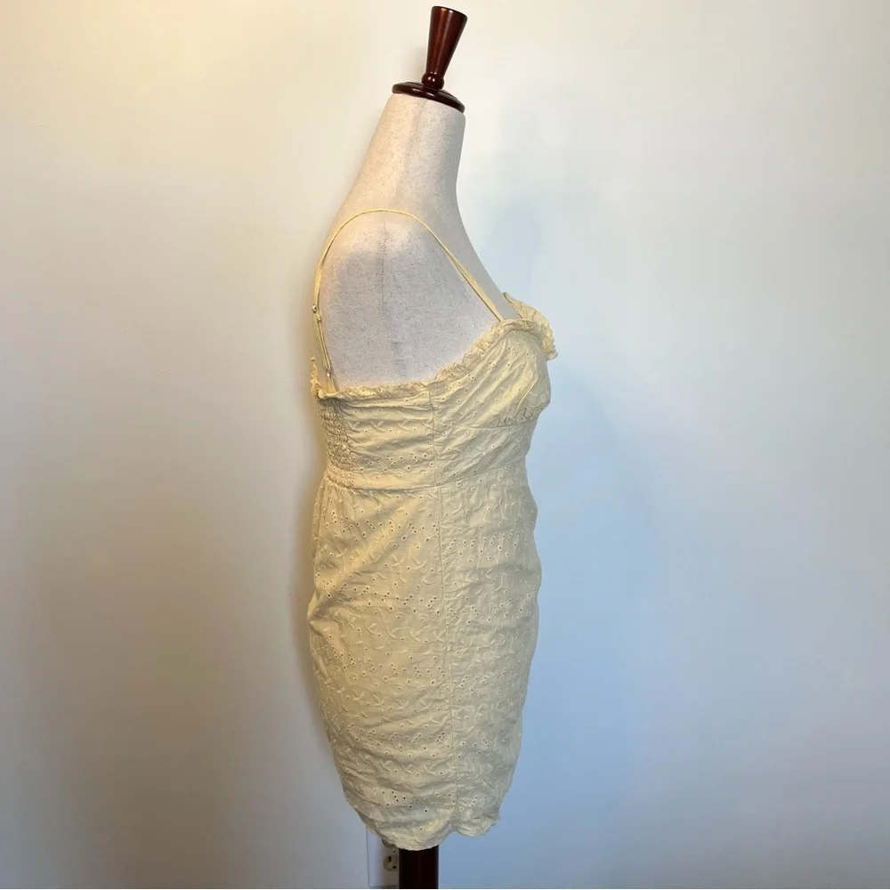 Mable Pastel Yellow Floral Eyelet Ruched Drawstring Mini Dress Size Small